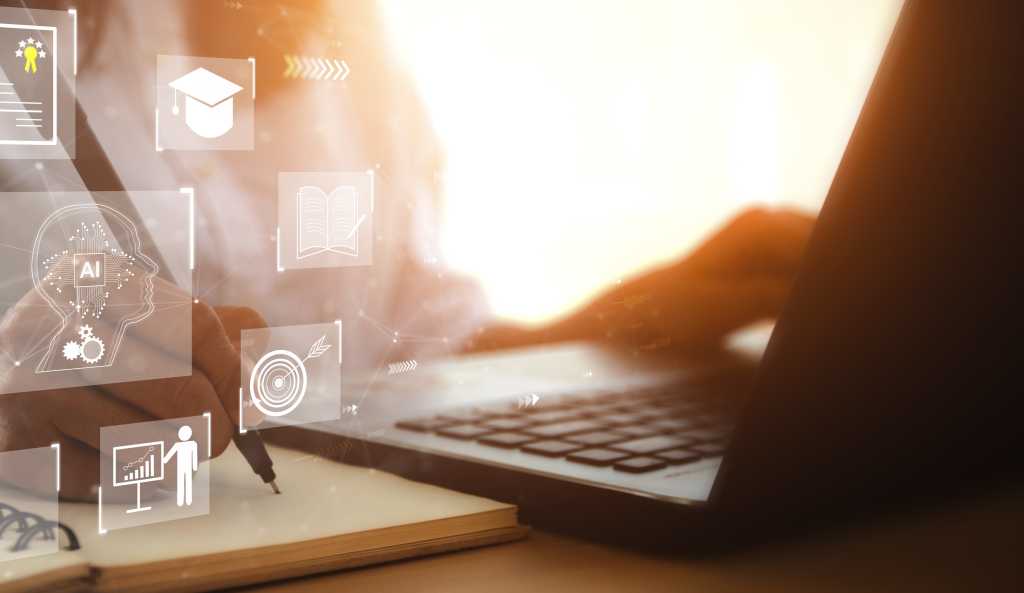 AI-powered learning ecosystems: A guide to workforce upskilling E-learning technology, webinar, online education and training to develop new skills and knowledge. artificial intelligence,AI-enhanced learning with personalized courses. Remote learning on internet.