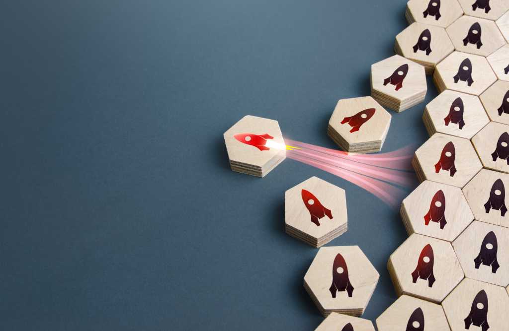 The best frameworks for Node.js A wooden tile picturing a single red rocket breaks away from a line of others that are all the same. Blast off, breakthrough technology, choosing the best.