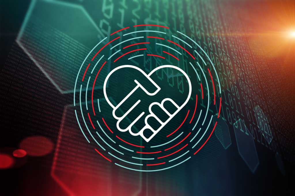 Connecting the dots on the ‘attachment economy’ Hands clasped in a heart shape against a background of abstract data / collaboration / empathy