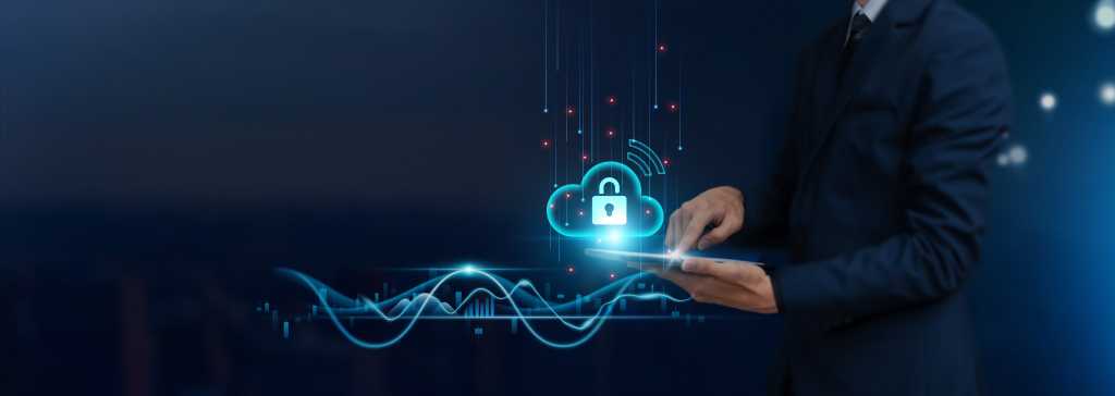 What drives your cloud security strategy? Cloud Security Concept: Businessman uses tablet on Secure Global Networking, Data Encryption, Firewall Protection, Continuous Monitoring, to Develop Smart Solutions from Digital Technology.