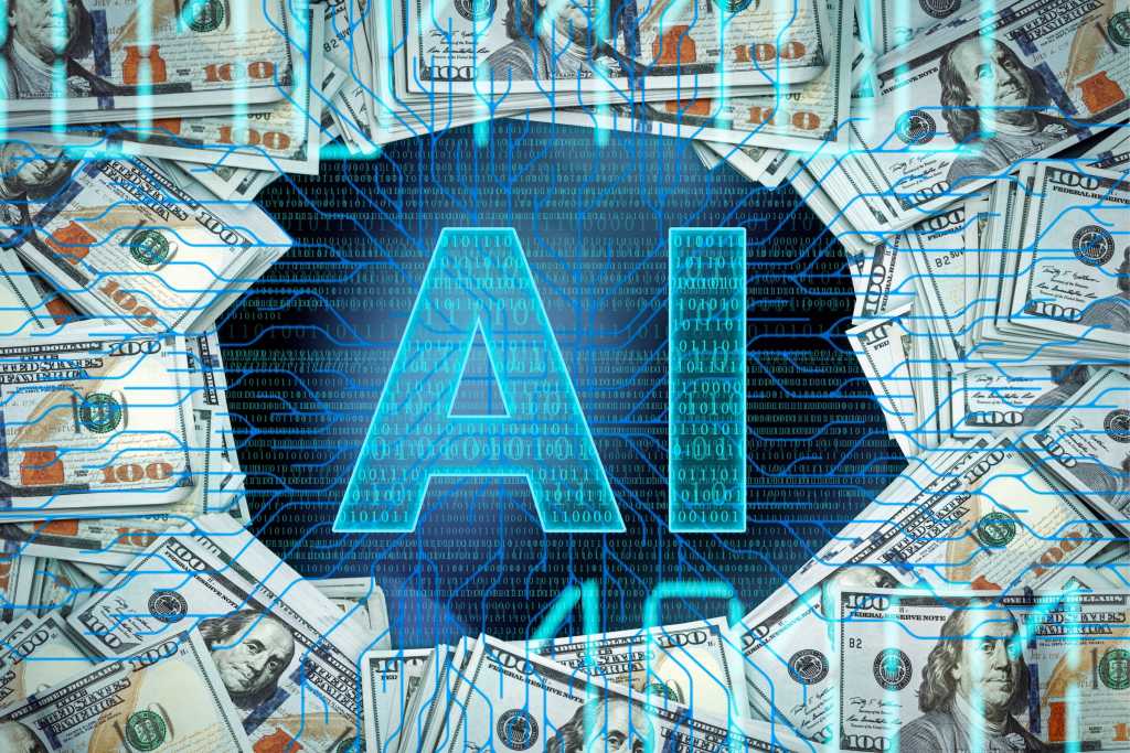 Who profits from AI? Not OpenAI, says think tank letters ai surrounded by 100 dollar bills with circuits overlaying all
