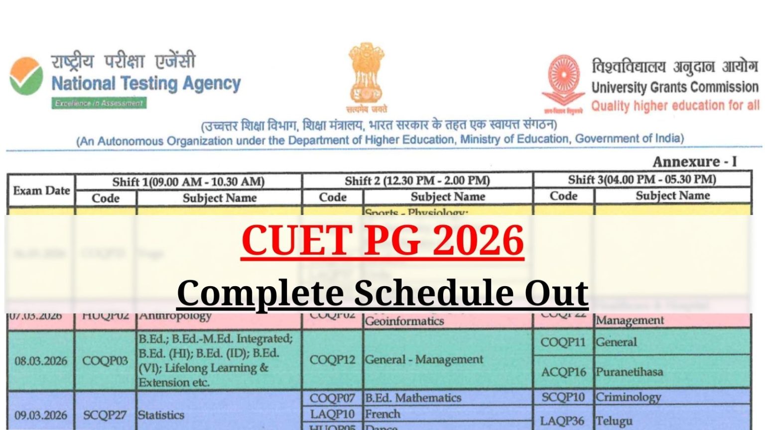 CUET PG 2026 Subject-wise Schedule Out: Check full timetable here ...