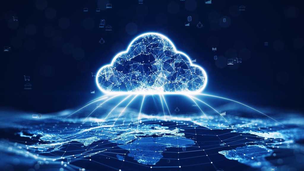 Buyer’s guide: Comparing the leading cloud data platforms data transfer cloud computing technology concept. There is a large prominent cloud icon in the center with internal connections. and small icon on abstract world map polygon with dark blue background.