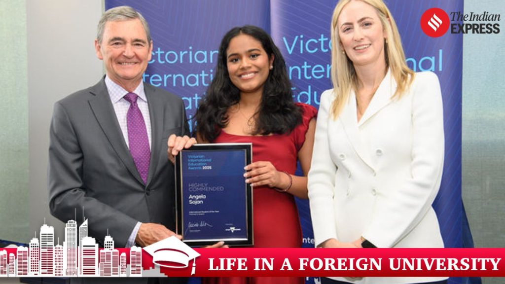 Life in a Foreign University | Finding my place, voice, and purpose at the University of Melbourne | Education News L-R The Hon John Brumby AO, Award winner Angela Sojan - Commendation for Premier's Award and International Student of the Year - Higher Education, Caroline Hartnett, Director International Education, Study Melbourne. Image SDP media, supplied by Study Melbourne