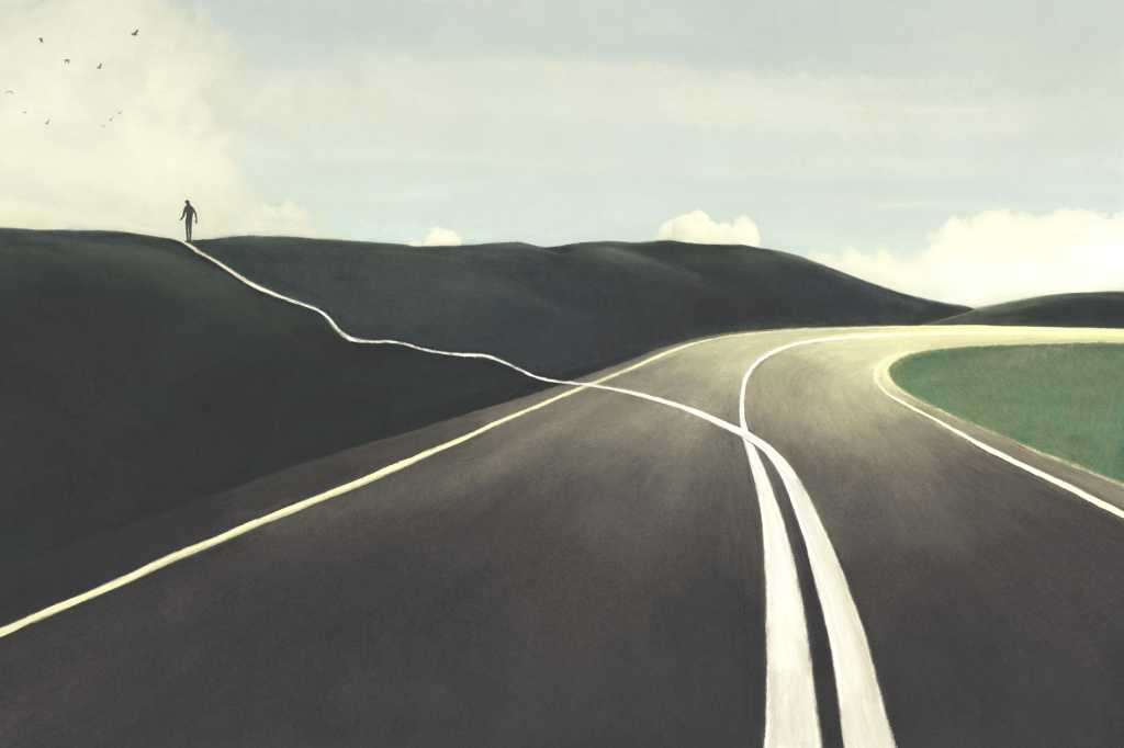 The right way to architect modern web applications Illustration of man going own direction, trailblazing, exploring, thinking outside the box. Experimentation choice freedom concept.