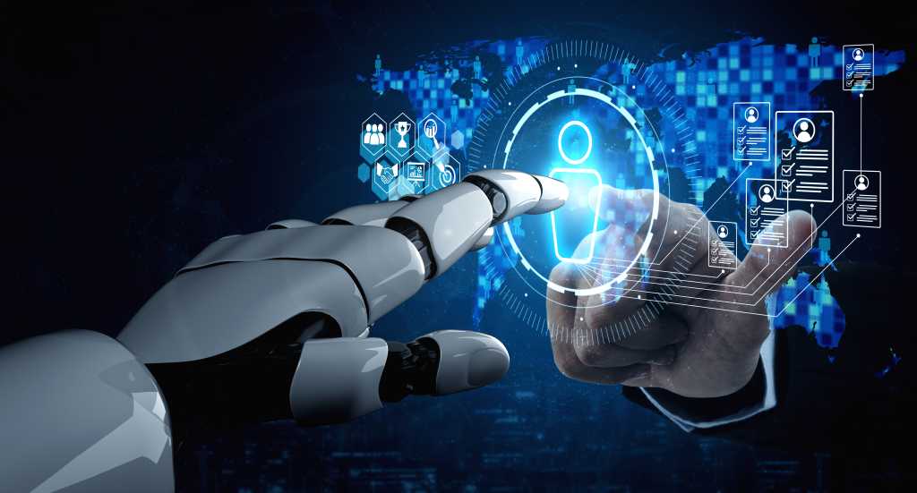 Build an agent? Sell an agent Robot hand and human hand extend toward either side of a virtual touchscreen to click a humanoid figure on the screen.