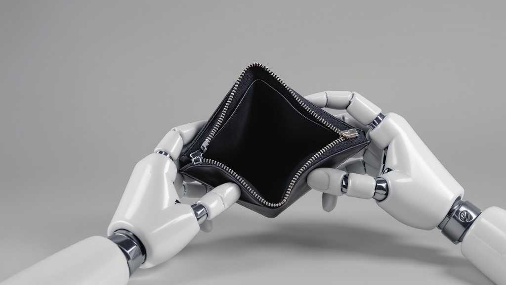A better way to control AI costs Modern, stylish still life photo of white plastic humanoid robot hands opening an empty wallet, getting across the idea of lower ai spending. flat color background with studio lighting, subtle shadows, dull colors