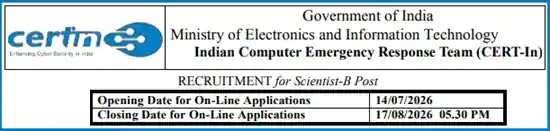 CERT-In Scientist-B Vacancy Recruitment 2026 CERT-In Scientist-B Vacancy Recruitment 2026