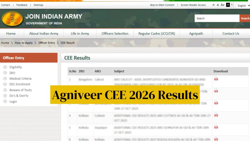 Merit list expected to be announced soon at joinindianarmy.nic.in Indian Army Agniveer Results 2026