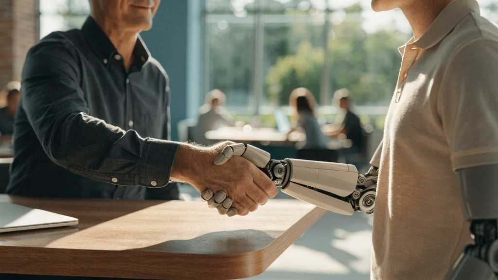 ‘Talk like a caveman’ prompts save tokens, but far less than promised image of a male executive shaking hands with a colleague who is an agentic robot